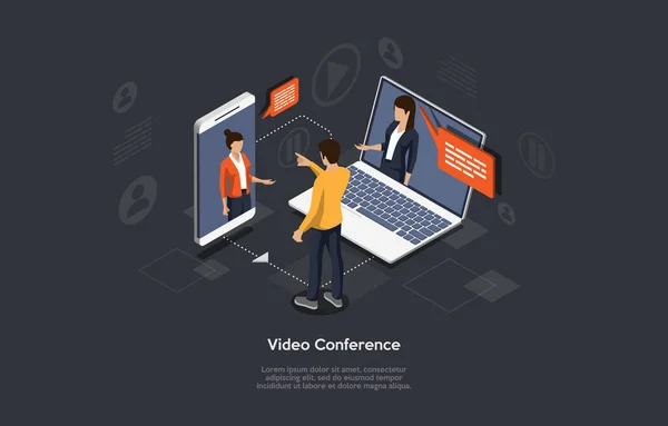 Isometric 3D Vector Illustration On Dark Background With Writing. Cartoon Composition, Video Conference, Online Meeting Concept. People Talk Through Smartphone And Laptop With Character. Infographics — 스톡 벡터