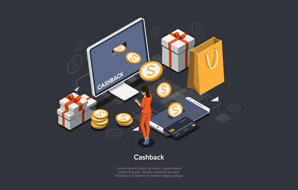 Isometrische 3D Vector Illustratie Op Donkere Achtergrond Met Schrijven. Cartoon Compositie, Cashback en Online Money Return Concept. Vrouw Staande in de buurt van Computer Screen met munten gaan naar Smartphone — Stockvector