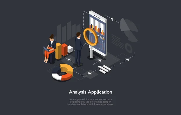 Izometrické 3D vektorové ilustrace na tmavém pozadí s psaním. Cartoon Composition, Analysis Application, Business Analytics Concept. Diagramy chytrého telefonu, Grafy na obrazovce, Infographics and People — Stockový vektor