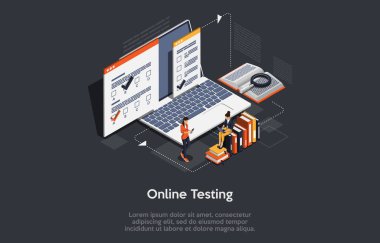 Vektör 3 boyutlu illüstrasyon. Infographics ile Karikatür Tasarımı. Çevrimiçi Deneme Sanatı. Büyük dizüstü bilgisayar, bilgili kağıtlar, kitaplar. İki Karakter Çalışıyor. Modern Dijital Uzaktan Çalışmalar Fikirleri