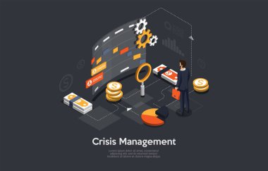 Kriz Yönetimi Karanlık Arkaplanda Kavramsal Sanat. Vektör Illustration in Cartoon 3D Style, Isometric Design. Business inessperson Infographic Elementlerinin Yakınında Duruyor. Bozuk paralar, grafikler, diyagramlar, çark