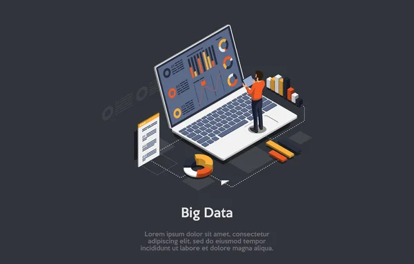 Vector 3D Illustratie. Cartoon Isometrisch ontwerp met infographics. Big Data Concept Art. Laptop met informatie op het scherm tekst, grafieken, grafieken. Man Karakter Staande in de buurt. Belangrijke databank — Stockvector