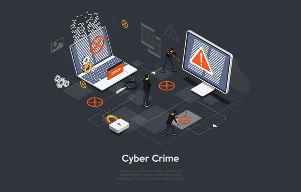 Cyber Crime Conceptual Art On Dark Background. Εικονογράφηση διάνυσμα σε καρτούν 3D στυλ, ισομετρική σχεδίαση. Οι άνθρωποι με τα μαύρα σπάνε υπολογιστές. Χάκερς, Κίνδυνος κλοπής στο διαδίκτυο. Infographic στοιχεία γύρω — Διανυσματικό Αρχείο