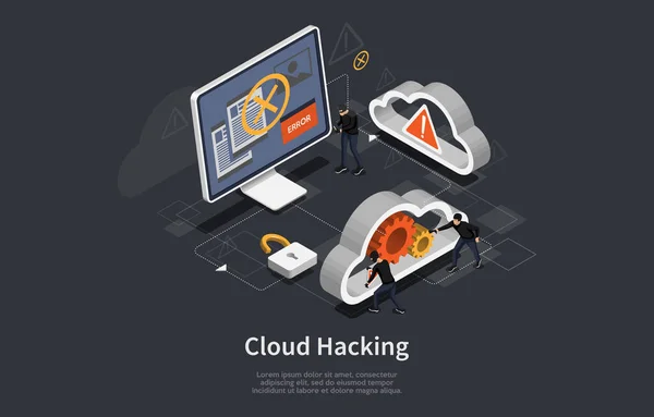 暗い背景に雲のハッキングの概念的な芸術.ベクトルイラスト漫画3Dスタイル、アイソメトリックデザイン。マスク攻撃システムのハッカーチーム。危険情報標識。コンピューター、コグホイール、ロック — ストックベクタ