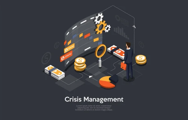 Crisis Managemet Conceptual Art On Dark Background. Vector Illustration In Cartoon 3D Style, Isometric Design. Businessperson Standing Near Infographic Elements. Coins, Charts, Diagrams, Cogwheel — Stock Vector