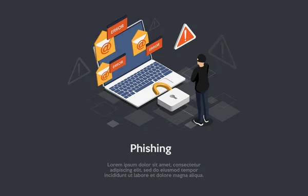 3d Sammansättning, vektor Isometrisk konst. Tecknad stil. Online Internet Phishing Fara Idé. Element och skrifter. Hackare i svart stående nära bärbar dator med lås. Varningsskyltar runt, Infographics — Stock vektor