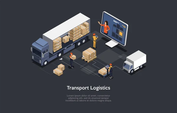 3d Composition, Vector Isometric Art. Cartoon Style. Transport Logistics Idea. Elements And Writings. Warehouse Storage Elements. Loaded Lorry, Staff Working, Cardboard Boxes. Big Laptop With Customer — Stock Vector