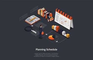 Çizgi film 3 boyutlu Isometric Vektör Illustration. Karanlık Arkaplan ve Elementler. Planlama Programı, İş Fikirleri. Tasarım kavramı. Karakterler ve Infographics. Takvim, Not Defteri, Grafikler ve Grafikler.