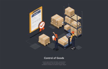 Üç boyutlu Isometric Kompozisyon. Metinli Vektör Çizim Çizimi. Malların Kontrolü Kavramsal Tasarım. Depo 'da çalışanlar. Karton Kutular, Paketler, Kalite Onaylı Büyük Kağıt Yazma.
