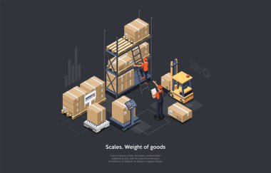 Üç boyutlu Isometric Kompozisyon. Metinli Vektör Çizim Çizimi. Ölçekli Malların Kavramsal Tasarım Ölçümü. Depoda İşçi Karakterleri. Etraflarında karton kutular ve ürünler var.
