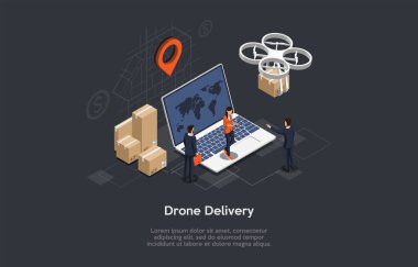 Isometric Illustration. Üç boyutlu nesnelerle vektör bileşimi. Çizgi film tasarımı. Drone Paket Hava Taşıma Konsepti. Dünya haritası ve GPS izleme işaretiyle dizüstü bilgisayarın yanında duran insanlar. Kutular Çevresinde
