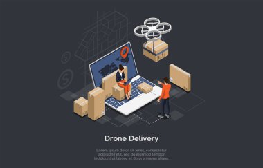Isometric Illustration. Üç boyutlu nesnelerle vektör bileşimi. Çizgi film tasarımı. Drone Teslimatı ve Paket İzleme Kavramsal Sanatı. Karton kutuda oturan kadın, elinde haritayla dizüstü bilgisayarın yanında duran adam.