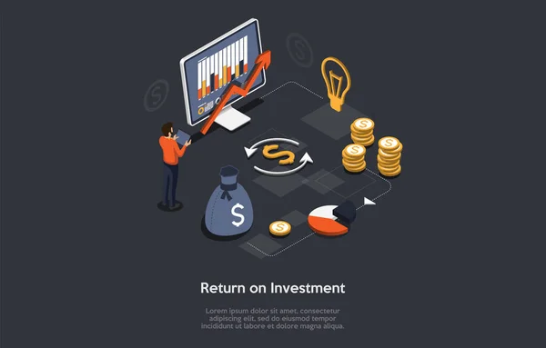 Investment Return Concept Illustration. Vector Composition In Cartoon 3D Style With Writing. Isometric Design. Money Refund, Comeback. Character Standing Near Finance Related Objects And Infographics. — Stock Vector