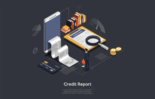 Illustration du concept de rapport de crédit. Composition vectorielle dans le style 3D de bande dessinée avec écriture. Design isométrique. Informations financières et financières. Personne debout près du smartphone avec message, infographie. — Image vectorielle