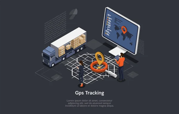 Kompozycja izometryczna 3D. Ilustracja wektora kreskówki z tekstem. Na całym świecie śledzenie GPS towarów Conceptual Design. Przesyłki magazynowe, duża ciężarówka, monitor komputerowy z mapą, ludzie i znak nawigacyjny — Wektor stockowy