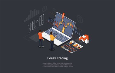 Karanlık arka planda insanlarla ve nesnelerle kompozisyon. Vektör Isometric Illustration, karikatür 3D stili. Eski Ticaret Mesleği. Çevrimiçi Modern Öngörü Şirketi. İş Adamları Dizüstü bilgisayarın yanında.