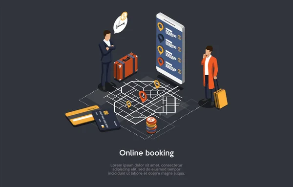 Vector ISometric Composition with Infographics 의 약자이다. 3D 카툰 스타일 일러스트레이션 With Characters and Objects. 온라인 부킹 컨셉. Client And Service Representative, Smartphone App, Map With GPS Card — 스톡 벡터
