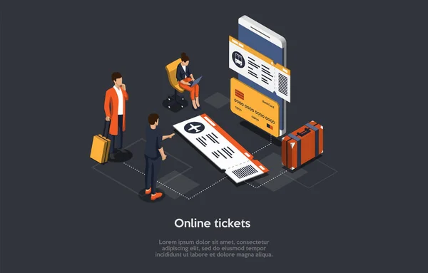 Vector ISometric Composition with Infographics 의 약자이다. 3D 카툰 스타일 일러스트레이션 With Characters and Objects. 온라인 티켓 주문 컨셉트. 큰 스마트폰, 열쇠를 쥐고 있는 사람들. — 스톡 벡터