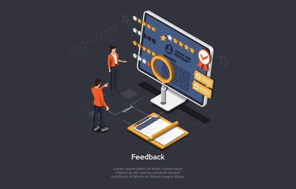 Sammansättning på mörk bakgrund. 3D Isometrisk vektor Design, tecknad stil. Begreppet återkoppling. Dator, betygsättning på skärmen, människor står nära kontroll. Kommunikation och tjänster på Internet. — Stock vektor