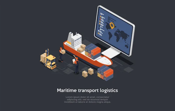 Composition On Dark Background. 3D Isometric Vector Design, Cartoon Style. Maritime Transport Logistics Shipping Concept. Computer Screen With World Map, Ship And Cargo Parcels, Two People Working. — Stock Vector
