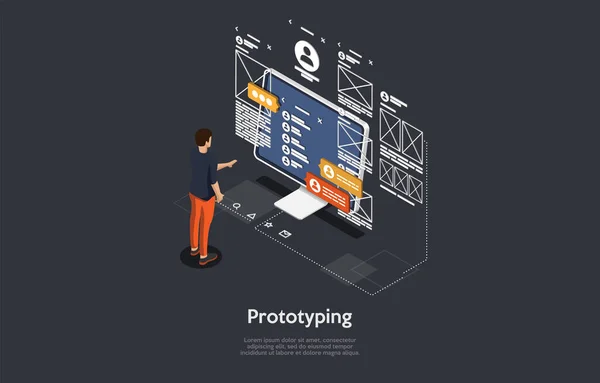 Проектирование концепции процесса прототипирования программ. Мультфильм 3D Стиль, векторная изометрическая композиция. Программирование кода, аналитика пользовательского интерфейса. Лицо, стоящее рядом с компьютером с информацией на экране, инфографические материалы. — стоковый вектор