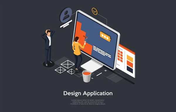 Application Design Development Process Concept Art. Cartoon 3D Style, Vektor Isometrische Komposition. Program Making Step, UI Prototyping. Menschen stehen in der Nähe von Computern, Infografik-Elemente herum. — Stockvektor