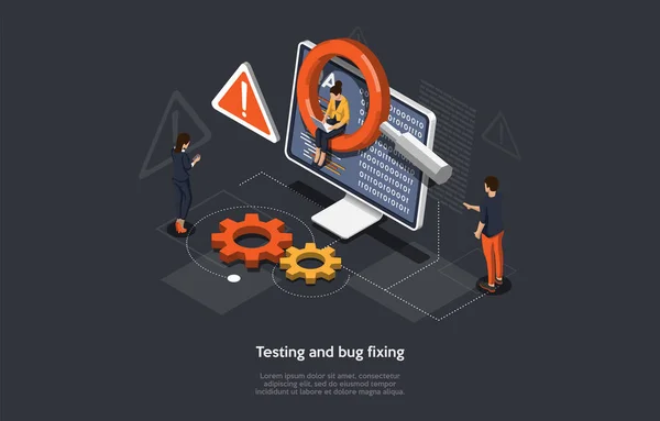 Program eller Application Testing, Bug Fixing Process Concept Design. Tecknad 3D-stil, vektor Isometrisk sammansättning. Utveckling och kodning av programvara. Människor arbetar nära datorn, Skärm med information. — Stock vektor