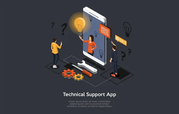 Komposition med människor och objekt på mörk bakgrund. Vektor Isometrisk Illustration, Tecknad 3D-stil. Mobilapplikation för kundtjänst. Smartphone, kunder som står runt. — Stock vektor