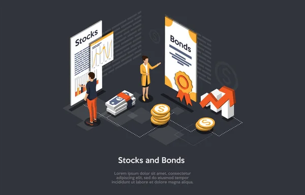 Komposition med människor och objekt på mörk bakgrund. Vektor Isometrisk Illustration, Tecknad 3D-stil. Aktier och obligationer Affärsgaranti koncept. Framgångsrika arbetsdokument. Infografiska element. — Stock vektor