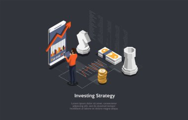 Finance Investing Business Plan Strategy Concept Design. Vector Illustration In Cartoon 3D Style On Dark Background. Analyst Character Standing Near Smartphone With Graph On Screen, Money Items Around
