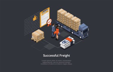 Conceptual Art Of Warehouse Business And Successful Freight Delivery With Two Characters. Isometric Vector Composition, Cartoon 3D Style Illustration. Truck Loaded With Parcels, Infographic Objects