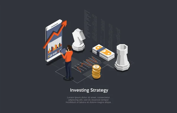 Фінанси Інвестиційний бізнес план Стратегія Концепція Дизайну. Векторна ілюстрація в мультфільмі 3D стиль на темному тлі. Аналітик персонаж стоїть біля смартфона з графіком на екрані, грошові предмети навколо — стоковий вектор