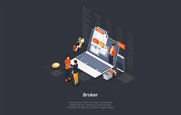 Broker Profession, Trading Skills, Business Stocks And Bonds Concept Design. Vector Illustration In Cartoon 3D Style On Dark Background. People Standing Near Laptop With Info And Worker On Screen — Vettoriale Stock