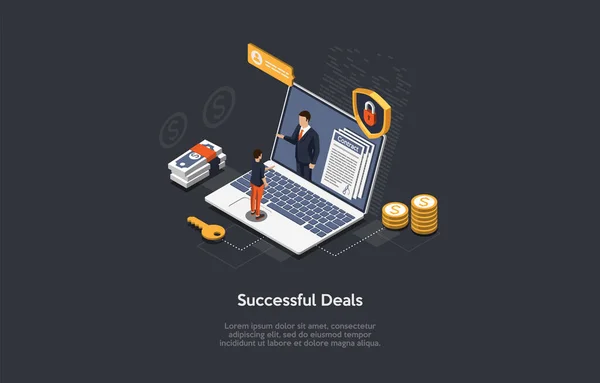 Vector Illustration With People And Objects. Isometric Composition, Cartoon 3D Style, Text. Successful Business Deals, Safe Profitable Contract, Winning Policy. People, Big Laptop, Shield With Lock — 스톡 벡터