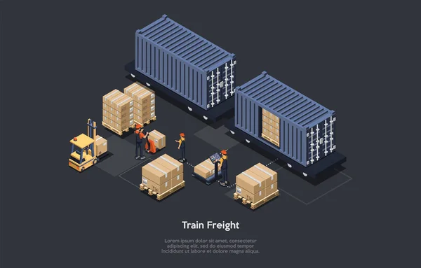 Vector Illustration With People And Objects. Isometric Composition, Cartoon 3D Style, Text. Train Freight Transportation, Cargo Shipping. Warehouse Workers Loading Railway Carriages With Products — Stockvector