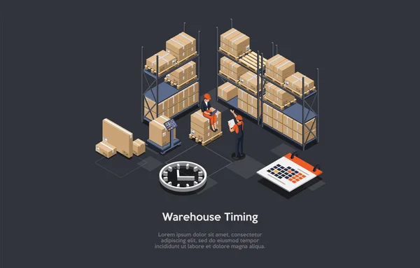 Conceptual Art Of Warehouse Timing With Two Characters. Isometric Vector Composition, Cartoon 3D Style Illustration. Shelves With Cardboard Parcels, Infographic Elements Around. Storehouse Trading — Stockový vektor