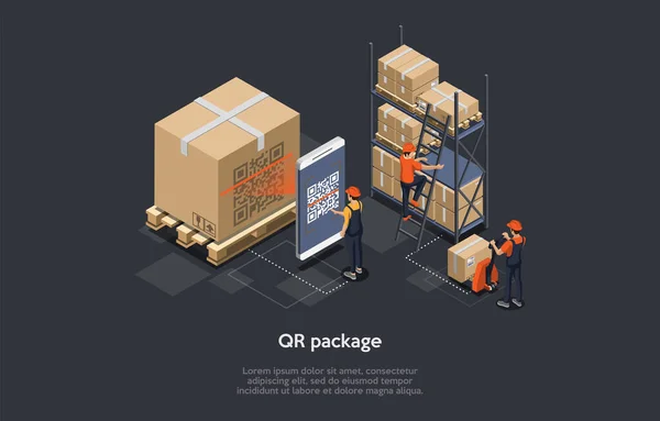 Conceptual Art Of QR Code On Package For Sale With Three Characters. Isometric Vector Composition, Cartoon 3D Style Illustration. Warehouse Interior, Parcels And Big Cardboard Box. Barcode And Scanner