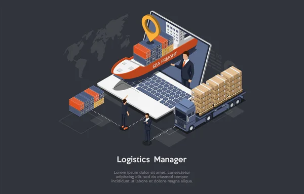 Conceptual Art Of Warehouse Working Process, Logistics Manager Profession With Three Characters. Isometric Vector Composition, Cartoon 3D Style Illustration. Laptop, Transportation Means, Infographics — 스톡 벡터