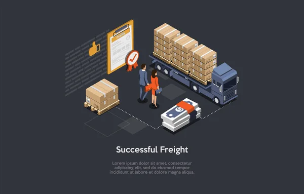 Conceptual Art Of Warehouse Business And Successful Freight Delivery With Two Characters. Isometric Vector Composition, Cartoon 3D Style Illustration. Truck Loaded With Parcels, Infographic Objects — Stock Vector