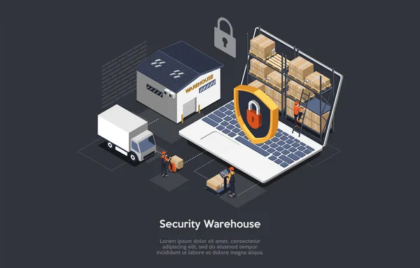 Vector Illustration. Security Warehouse, Safe Products Storage Keeping. 3D Composition, Isometry, Cartoon Style And Writings. Building, Truck, Laptop With Boxes On Screen, Shield And Lock. People Work —  Vetores de Stock