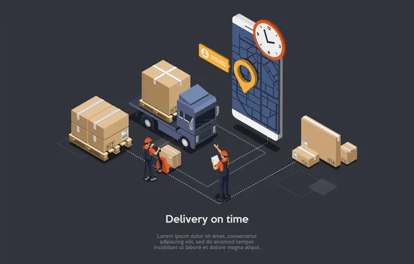 Vector Illustration. Delivery Timing, Warehouse Business Deadline. 3D Composition, Isometry, Cartoon Style And Writings. Storehouse Interior, Two People Working, Smarphone With Map, Clock And GPS — Stock Vector