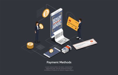 Yazılı Vektör İllüstrasyonu. Isometric Kompozisyon. Çizgi film 3 boyutlu tasarım. Farklı Ödeme Yöntemleri, Modern Para Takası. Ekranda QR kodu olan telefon, kredi kartı, ayakta duran iki kişi..