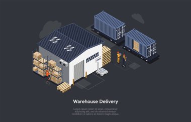 Yazılı Vektör İllüstrasyonu. Isometric Kompozisyon. Çizgi film 3 boyutlu tasarım. Depo Teslimatı, Uluslararası Ticaret. Ürün Taşımacılığı. Depolama Binası, Yakındaki Ulaşım, İnsan Grubu.