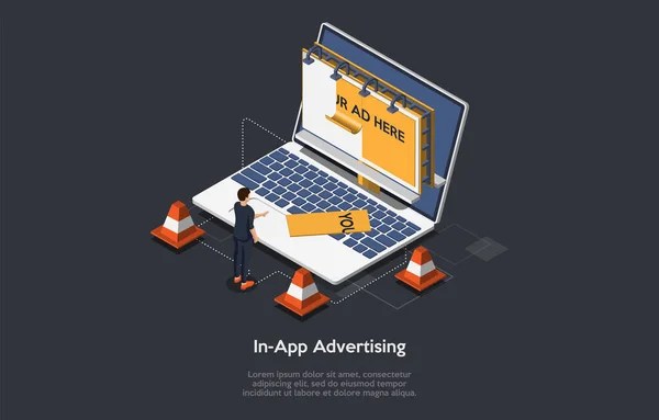 In-App Advertising Conceptual Design. Adverts Inside Programs, Mobile Applications, Websites. Isometric Vector Illustration, Cartoon 3D Style. Laptop, Billboard On Screen, Character Standing, Objects. — Stock Vector