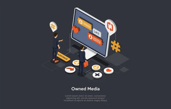 Isometric Vector Composition. Cartoon 3D Style Conceptual Illustration. People And Objects. Owned Means Of Media, Social Network Advertising, Paid Commercial And Product Placement Business Success. — Stock Vector
