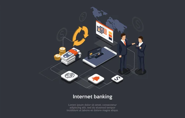 Ilustración sobre fondo oscuro con elementos infográficos. Estilo 3D, composición isométrica. Diseño vectorial. Banca por Internet, programa en línea o aplicación móvil. Control financiero internacional moderno. — Vector de stock