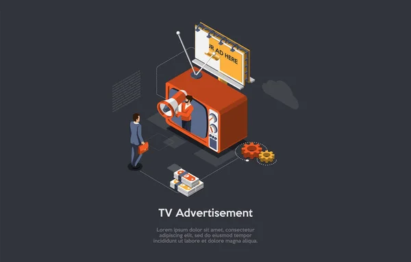 카툰 스타일 3D 일러스트레이션 On Dark Background With Objects and Characters. 실제적 인 벡터 설계이다. Televison Product Advertisement, Traditional Means Of Commercial And Goods Placement. — 스톡 벡터