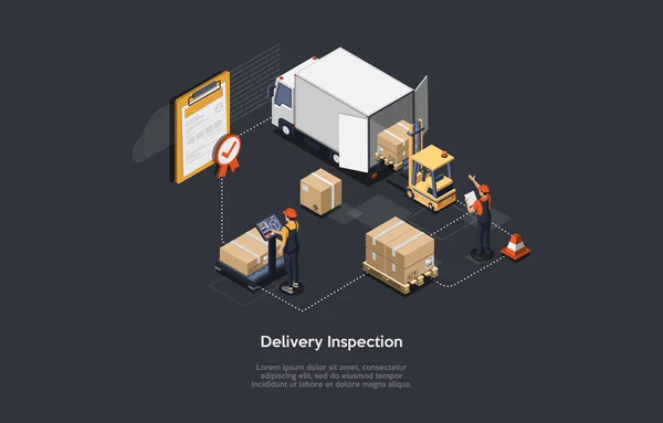 Illustration 3D de style bande dessinée sur fond sombre avec des objets et des personnages. Conception conceptuelle vectorielle isométrique. Inspection de qualité de livraison, contrôle de conformité standard de produit. Approbation de transfert. — Image vectorielle