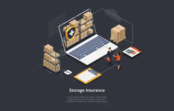 Safe Storage Insurance Contract Concept Vector Illustration With Writing. Isometric Composition, Cartoon 3D Style. Warehouse Goods Producing And Keeping. Businesspeople Shaking Hands, Business Deal. — Vector de stock