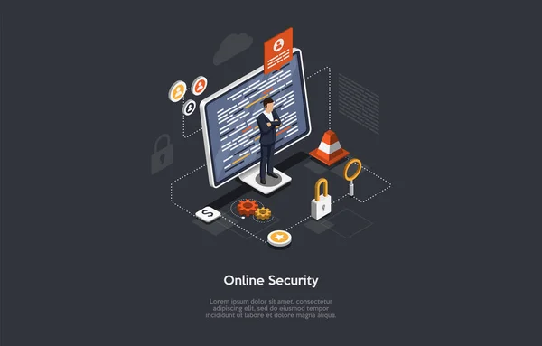 Vector Composition. 카툰 3D 스타일 디자인 With Infographics. 이것은 구체적 인 예이다. Online Security, Cyberspace Protection Service, Internet Guard Program. 데스크톱 컴퓨터와 사람. — 스톡 벡터